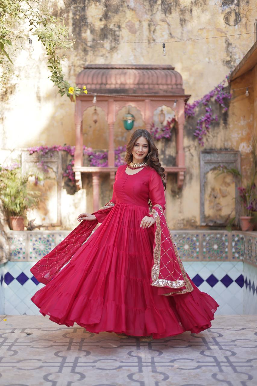 Sttuning 15 Mtr Flared Georgette Stitched Designer Ruffle Gown