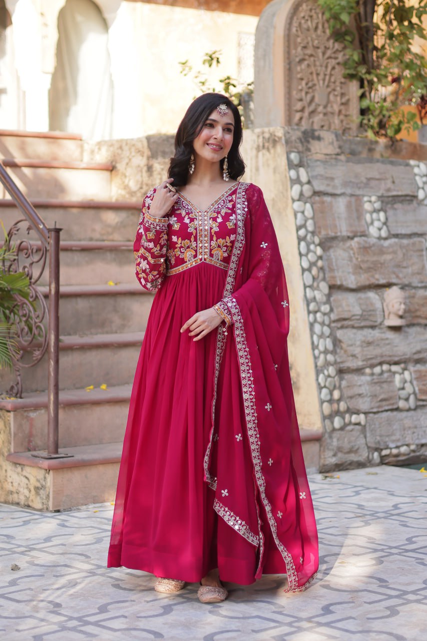 Magnificent Faux Georgette Zari Sequins Embroidered Gown With Dupatta