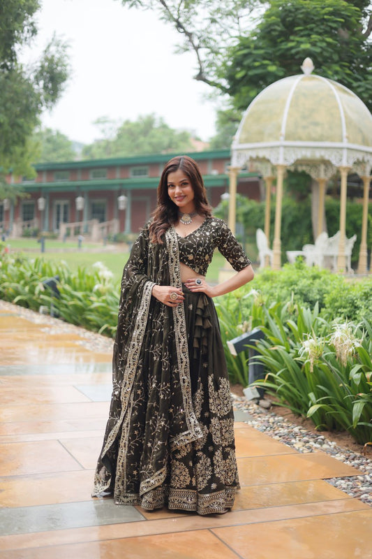 Luminous Mehendi Green Sequins Embroidered Designer Lehenga Choli