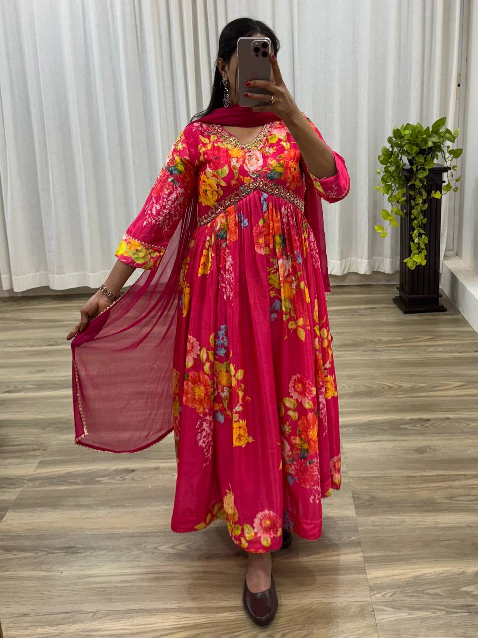 Graceful Pink Floral Printed Handworked Anarkali Pant Suit
