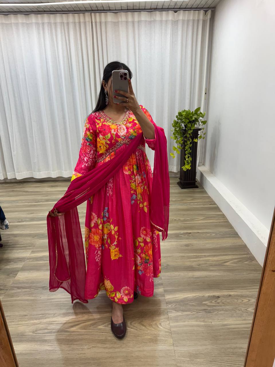 Graceful Pink Floral Printed Handworked Anarkali Pant Suit