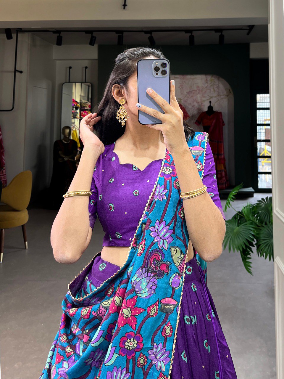 Stunning Tussar Silk Kalamkari Printed Foil Worked Lehenga Choli
