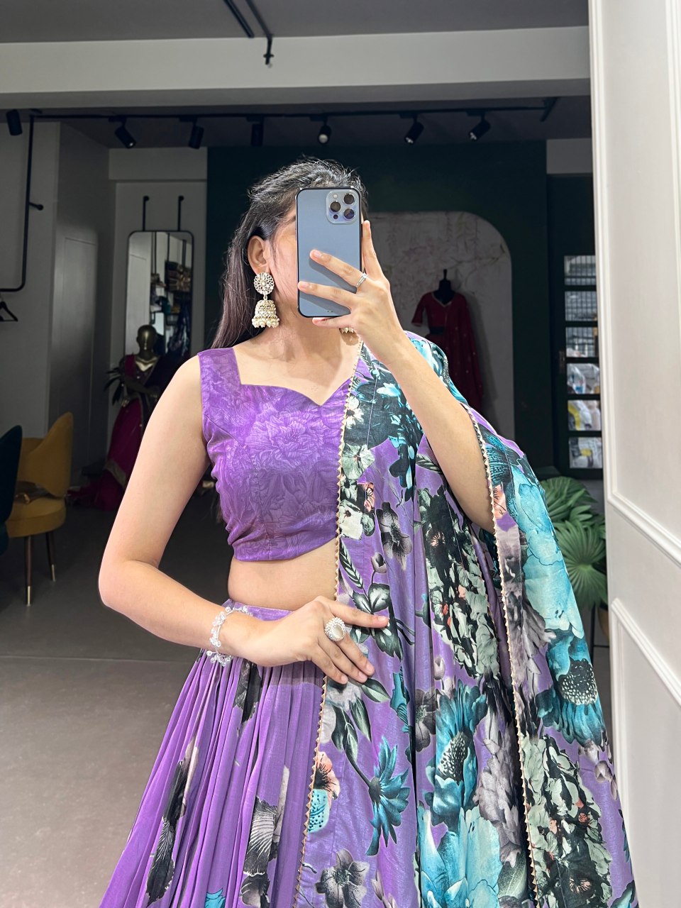 Stylish Tussar Silk Floral Digital Printed Lehe