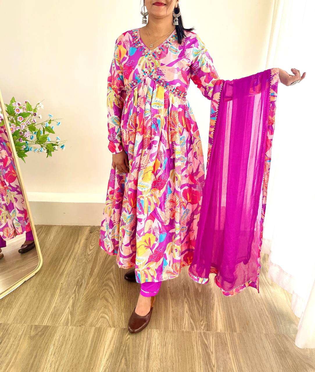 Spellbinding Soft Chinon Floral Printed Handworked Anarkali Pant Suit