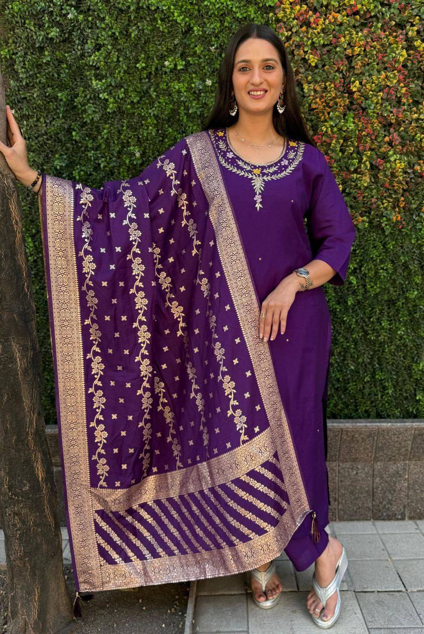 Radiant Purple Roman Silk Handworked Kurta Pant Dupatta Set