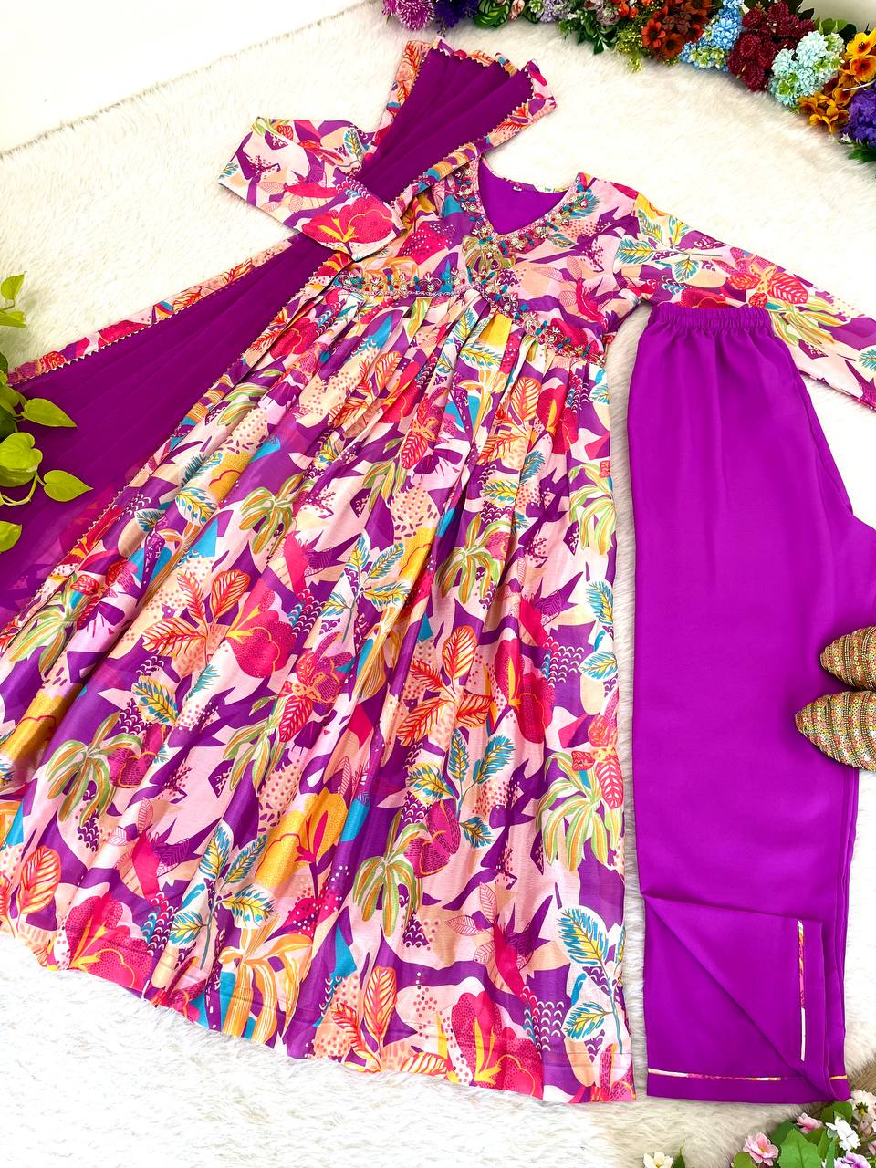 Spellbinding Soft Chinon Floral Printed Handworked Anarkali Pant Suit