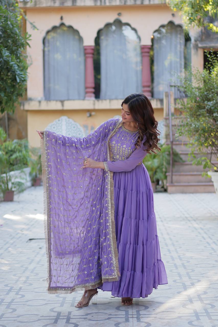 Spellbinding Georgette Ruffle Sequins Embroidered Gown With Dupatta