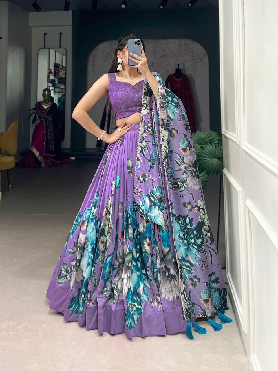 Stylish Tussar Silk Floral Digital Printed Lehe