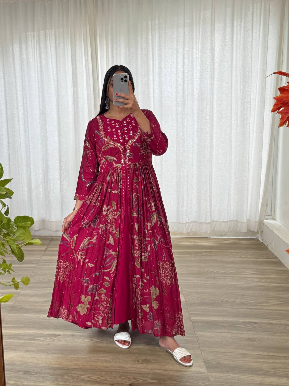 Enamoring Rani Roman Silk Handworked Fully Stitched Designer Gown