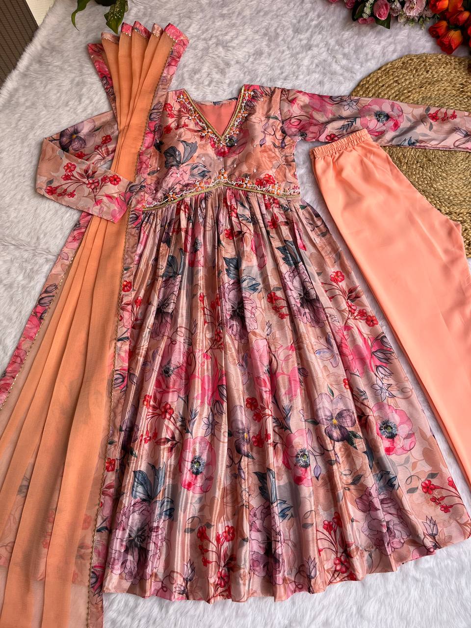 Mesmerizing Chinon Alia Cut Handworked Anarkali Pant Suit