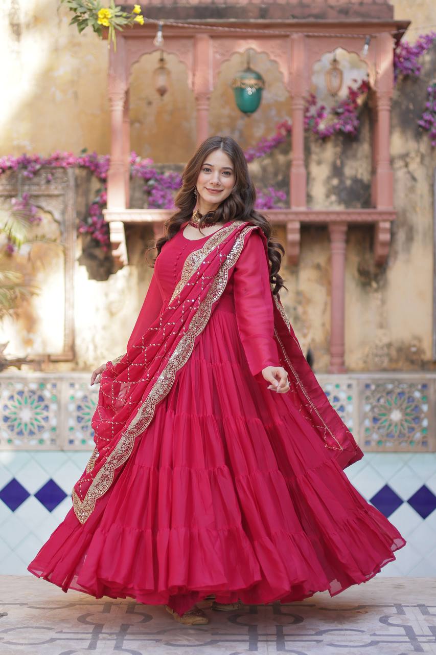 Sttuning 15 Mtr Flared Georgette Stitched Designer Ruffle Gown