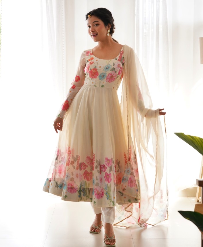 Breathtaking Organza Silk Floral Printed Designer Anarkali Pant Suit