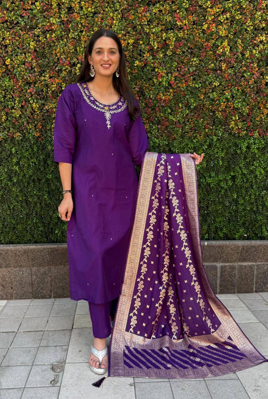 Radiant Purple Roman Silk Handworked Kurta Pant Dupatta Set