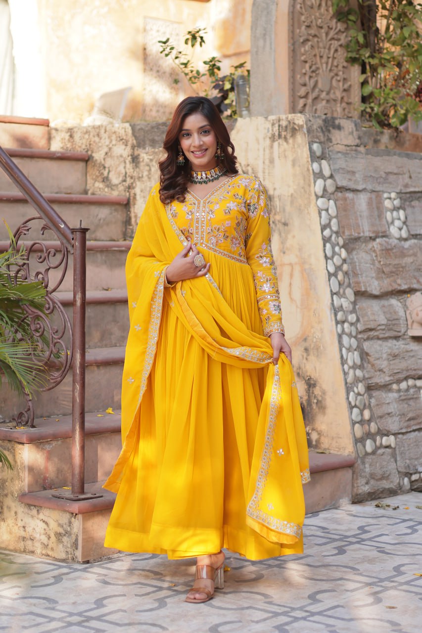 Magnificent Faux Georgette Zari Sequins Embroidered Gown With Dupatta