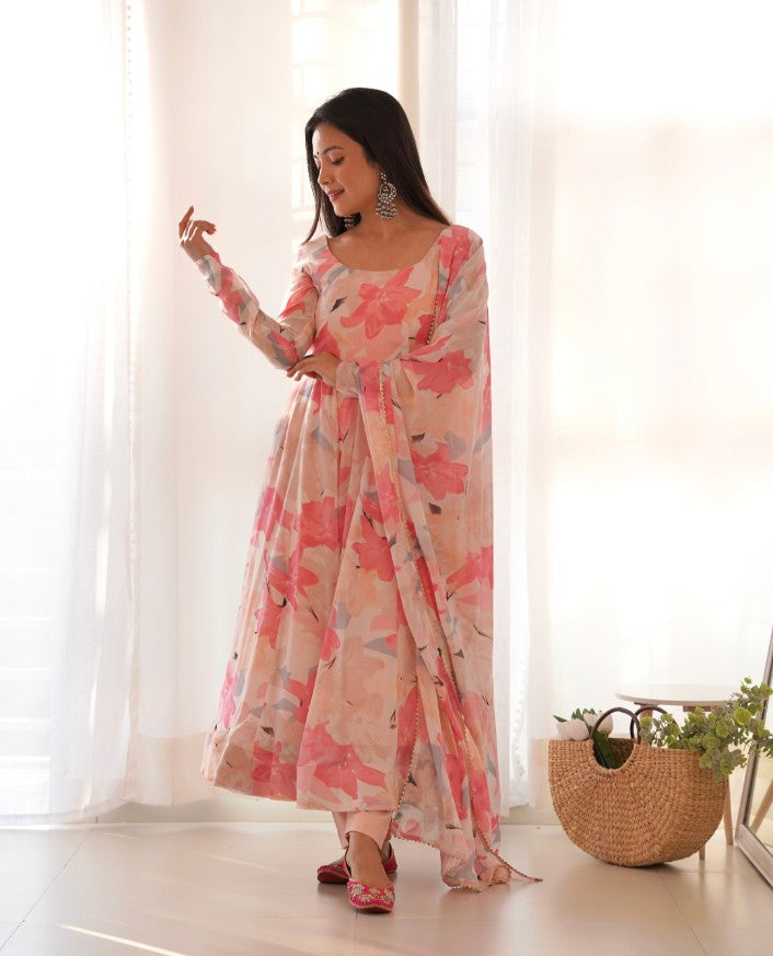 Bewitching Faux Georgette Printed Designer Anarkali Pant Suit
