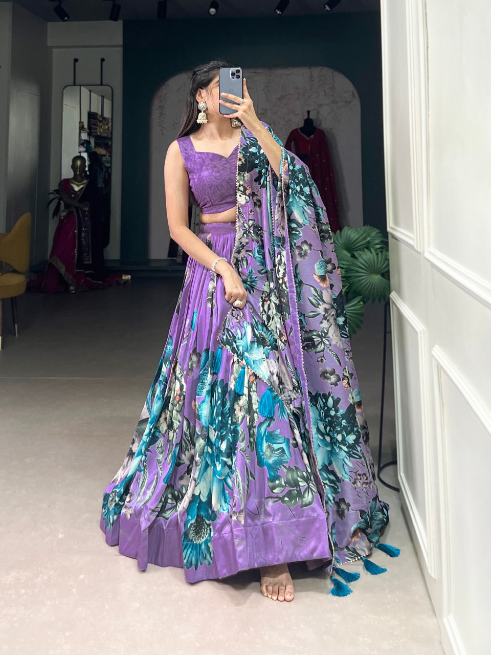 Stylish Tussar Silk Floral Digital Printed Lehe