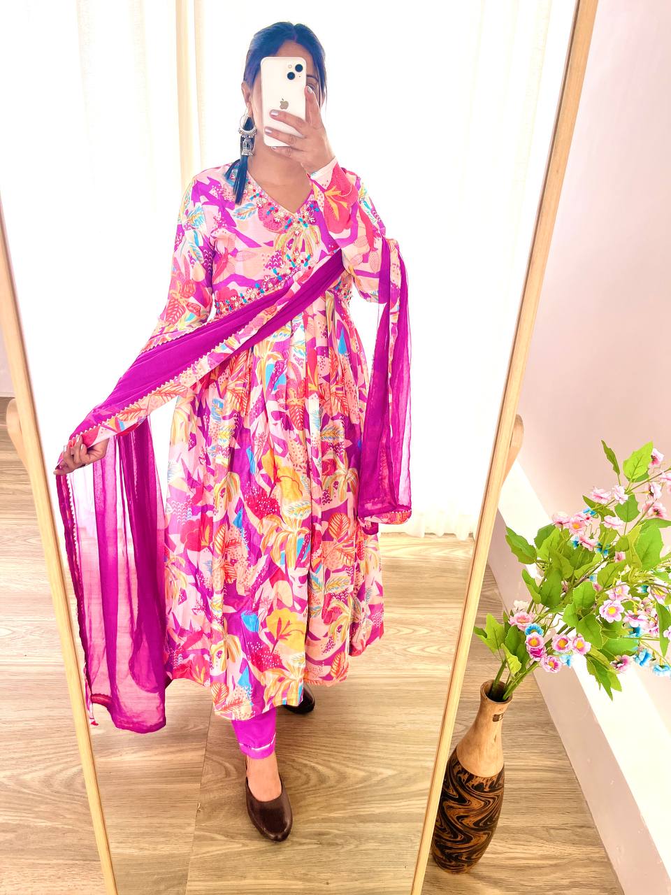 Spellbinding Soft Chinon Floral Printed Handworked Anarkali Pant Suit