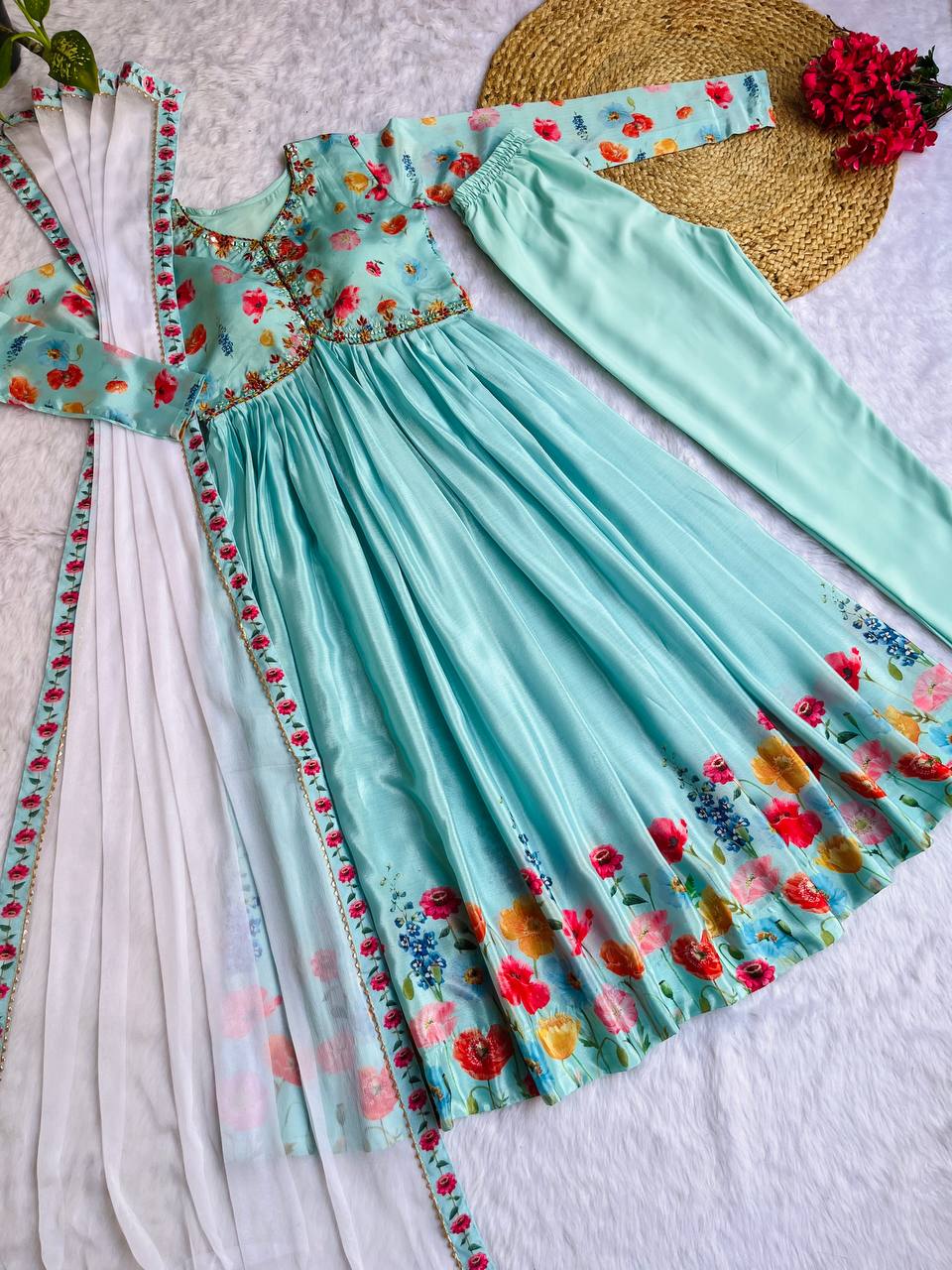 Ravishing Sky Blue Soft Chinon Floral Printed Handworked Anarkali Pant Suit