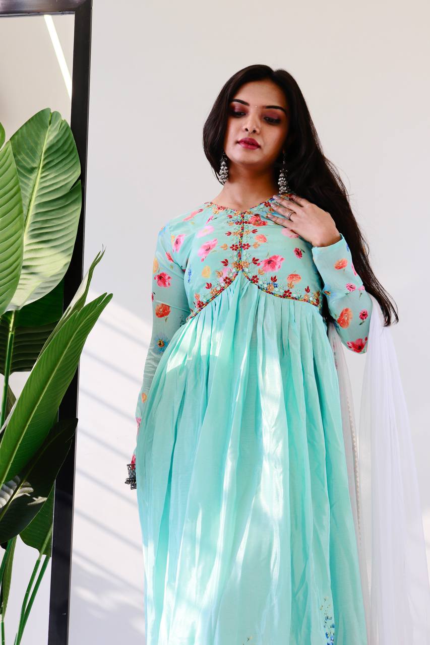 Ravishing Sky Blue Soft Chinon Floral Printed Handworked Anarkali Pant Suit