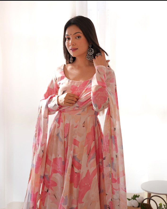 Bewitching Faux Georgette Printed Designer Anarkali Pant Suit