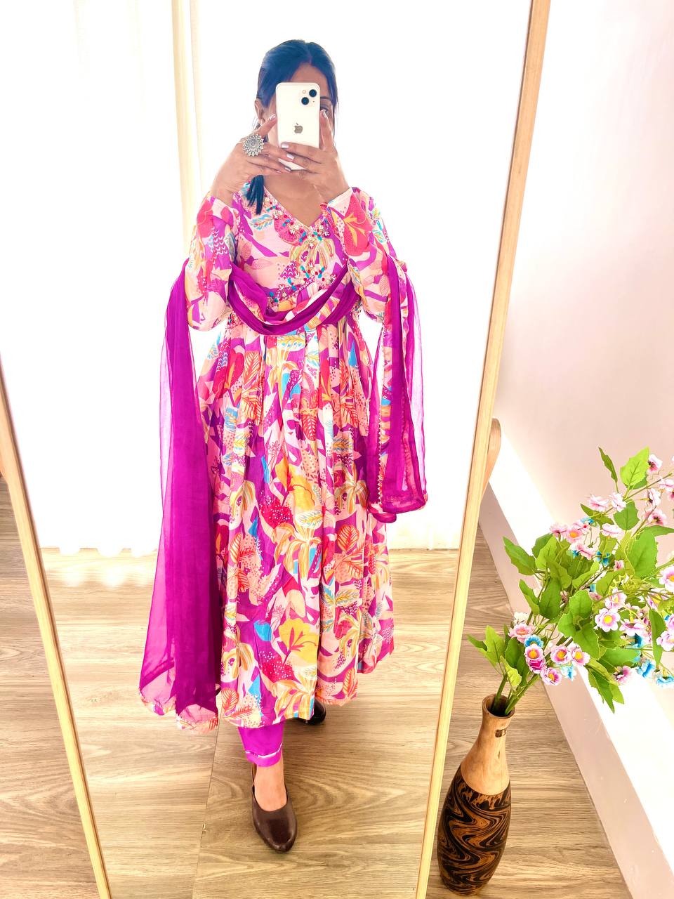 Spellbinding Soft Chinon Floral Printed Handworked Anarkali Pant Suit