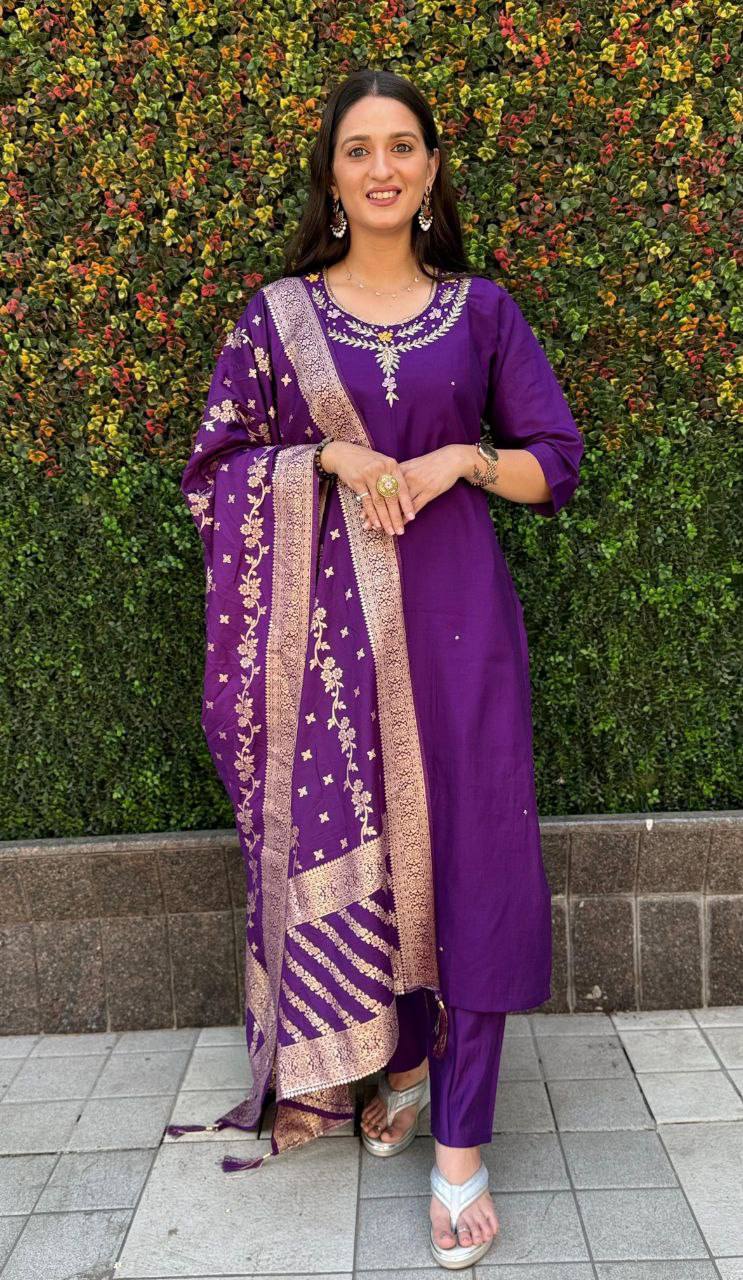 Radiant Purple Roman Silk Handworked Kurta Pant Dupatta Set