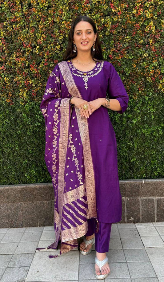 Radiant Purple Roman Silk Handworked Kurta Pant Dupatta Set