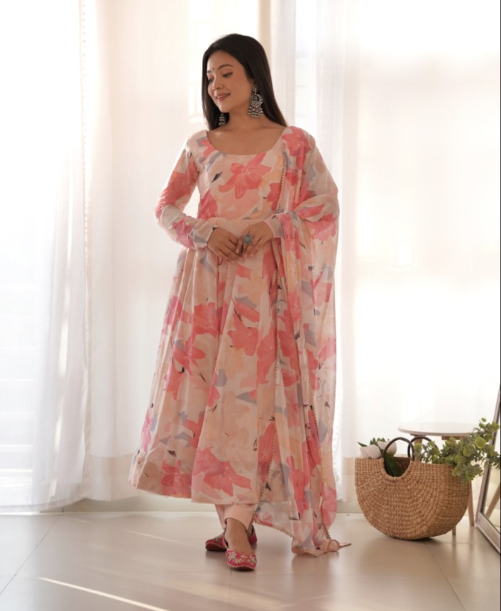 Bewitching Faux Georgette Printed Designer Anarkali Pant Suit