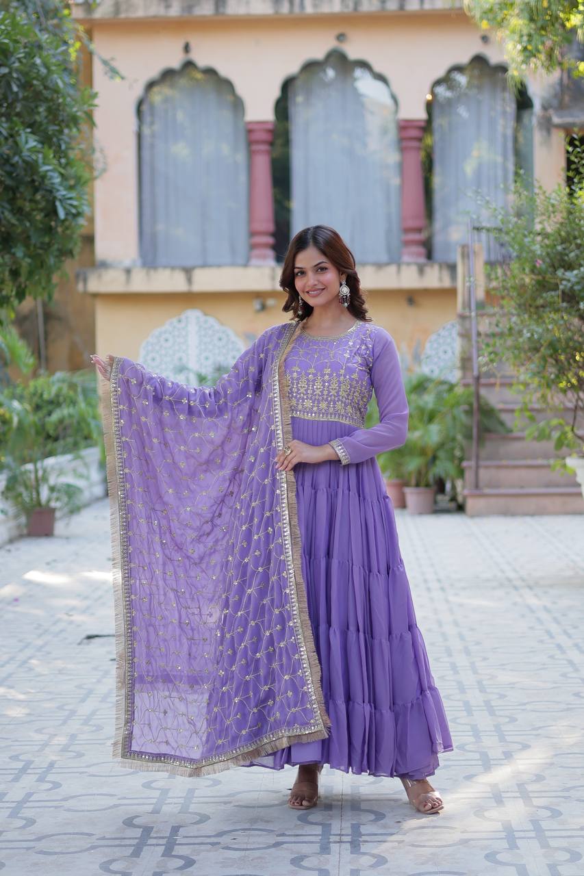 Spellbinding Georgette Ruffle Sequins Embroidered Gown With Dupatta