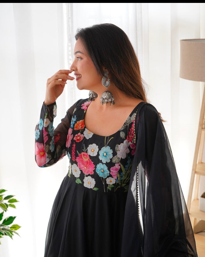 Breathtaking Organza Silk Floral Printed Designer Anarkali Pant Suit