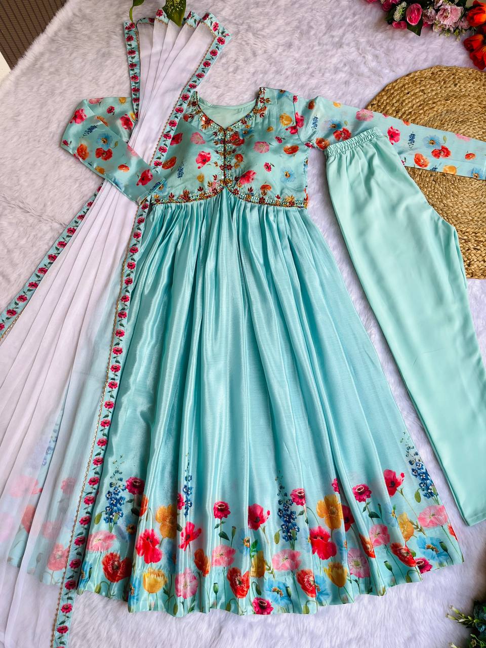 Ravishing Sky Blue Soft Chinon Floral Printed Handworked Anarkali Pant Suit