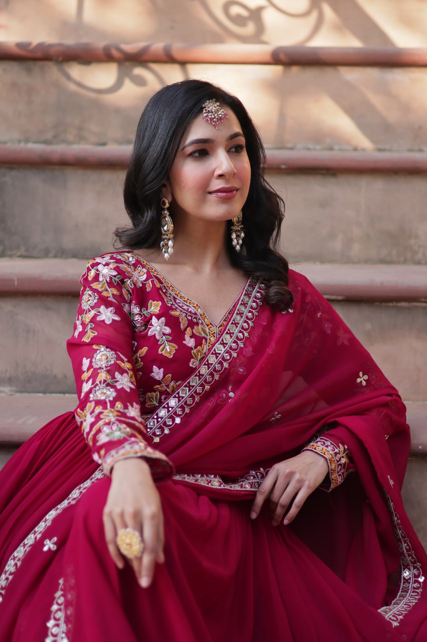 Magnificent Faux Georgette Zari Sequins Embroidered Gown With Dupatta