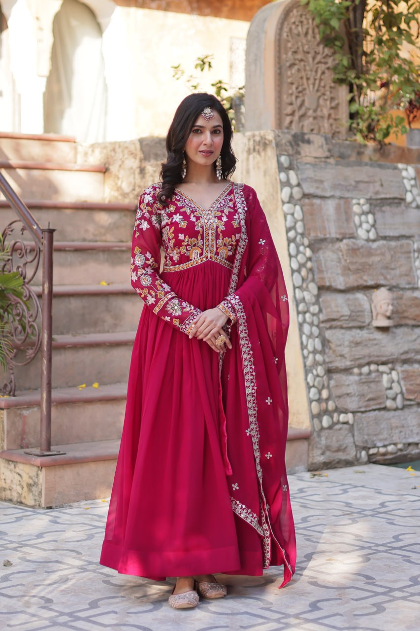 Magnificent Faux Georgette Zari Sequins Embroidered Gown With Dupatta
