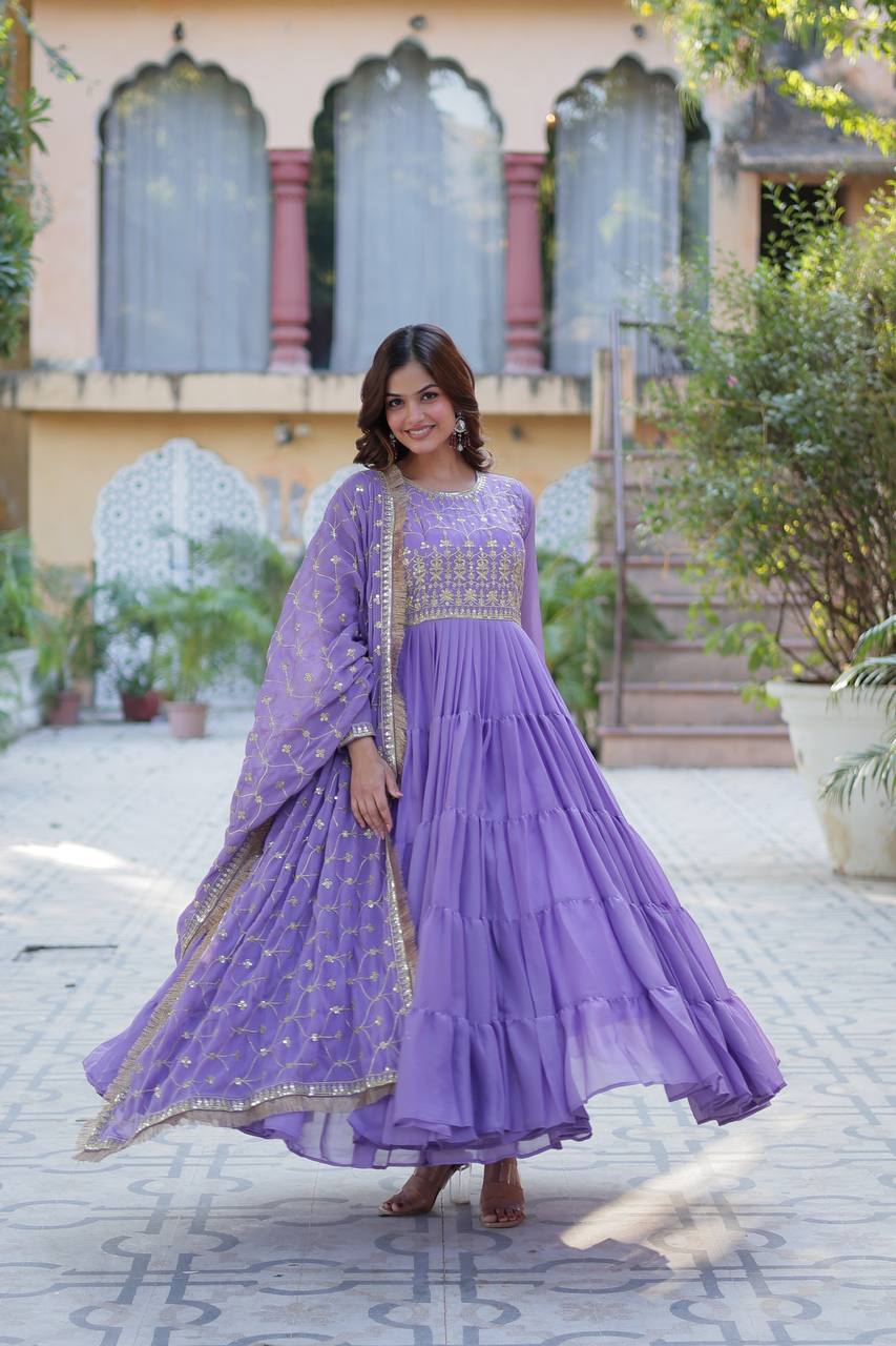 Spellbinding Georgette Ruffle Sequins Embroidered Gown With Dupatta