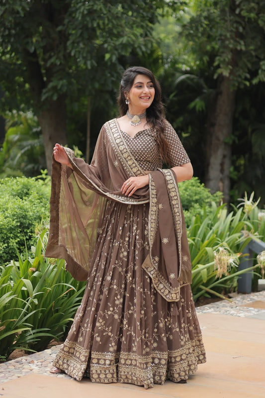 Breathtaking Brown Faux Georgette Sequins Embroidered Lehenga Choli