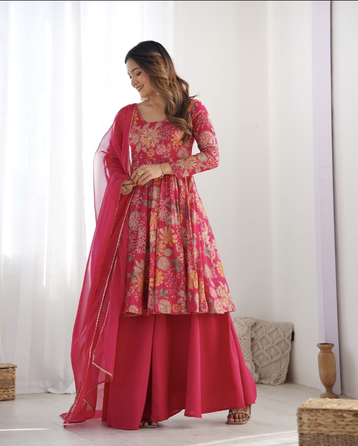Exquisite Pure Soft Roman Silk Kediya Kurta Palazzo Set