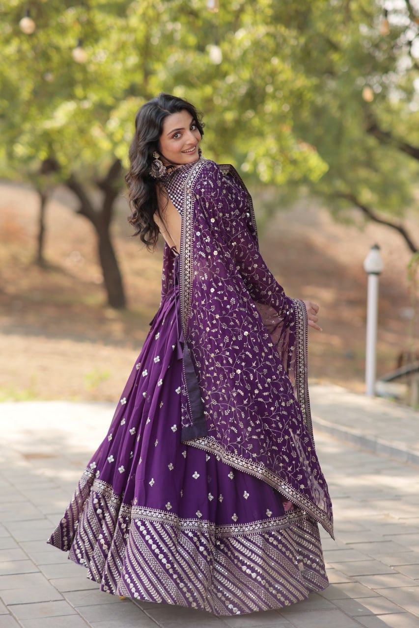 Ravishing Purple Faux Georgette Wedding Wear Lehenga Choli