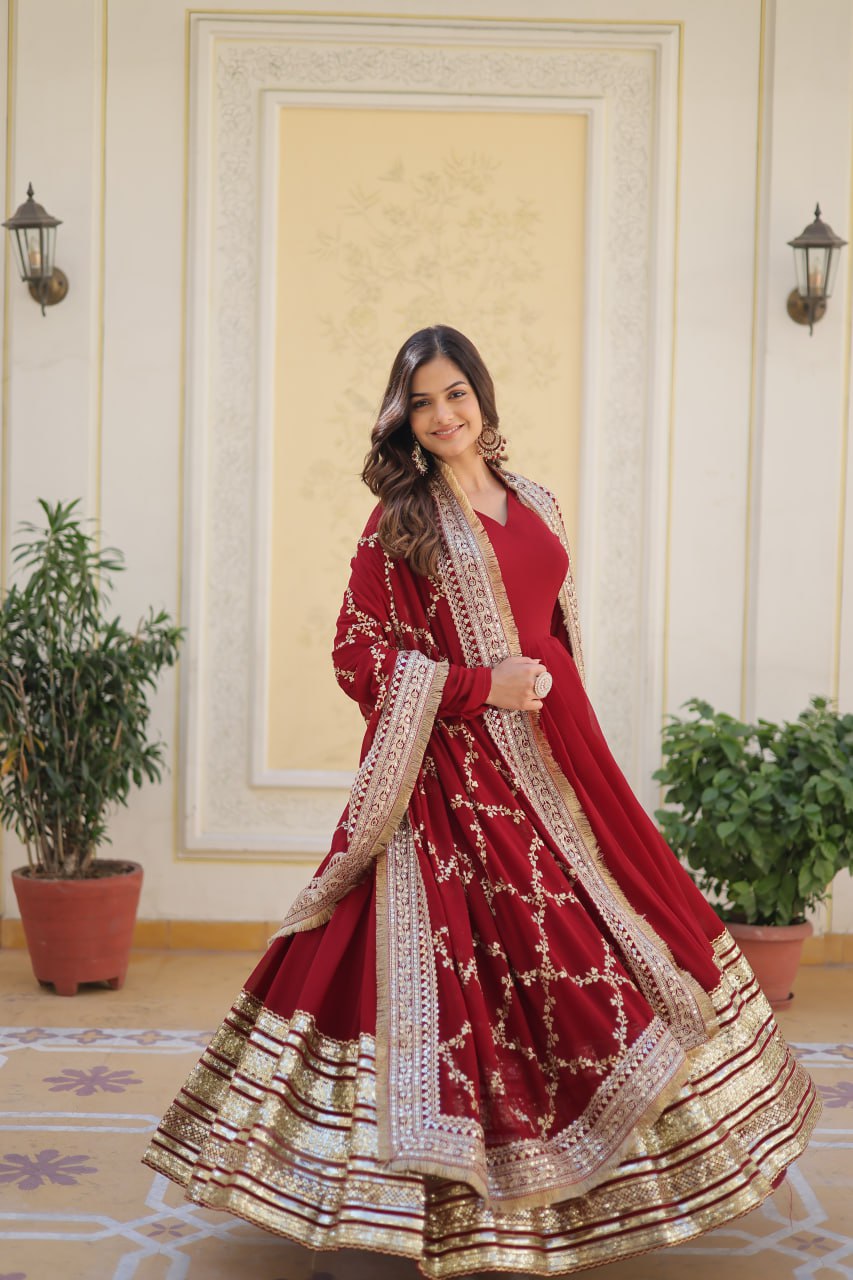 Majestic Maroon Faux Georgette Sequins Embroidered Designer Gown