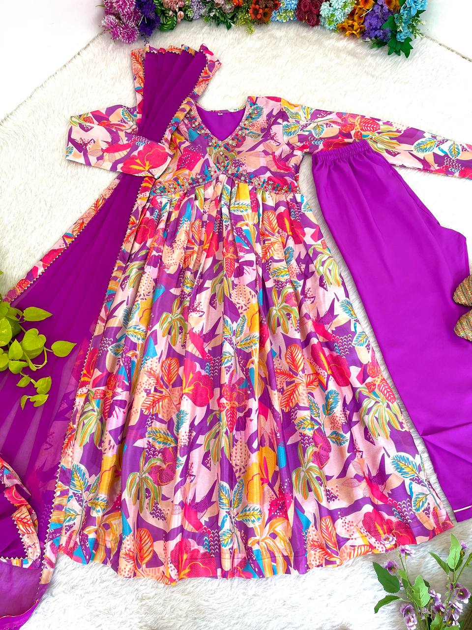 Spellbinding Soft Chinon Floral Printed Handworked Anarkali Pant Suit