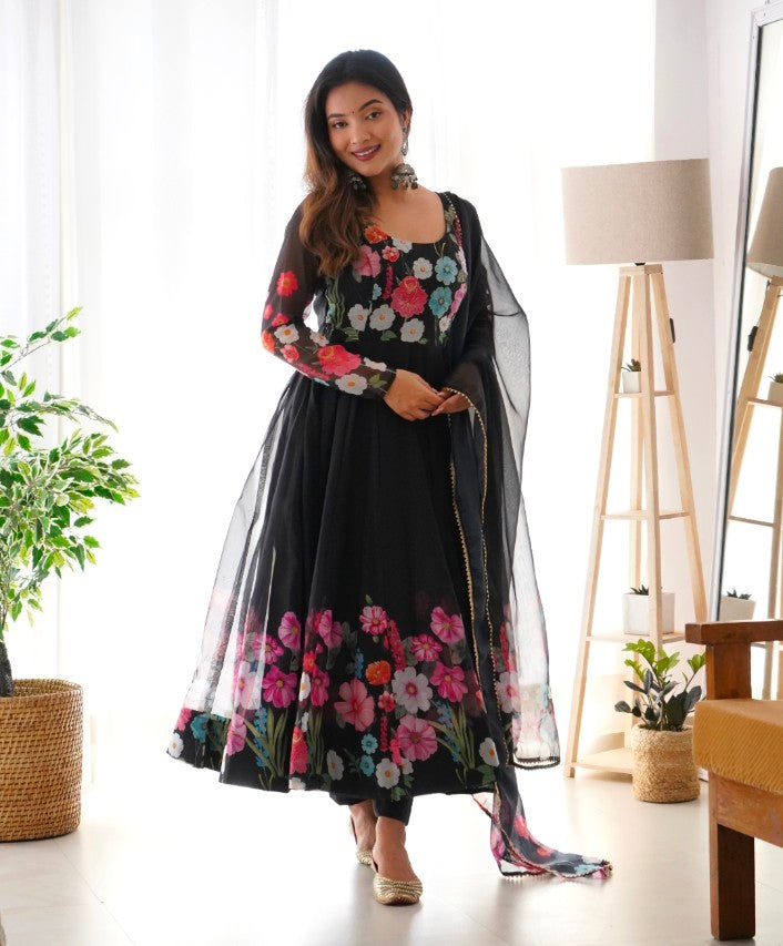 Breathtaking Organza Silk Floral Printed Designer Anarkali Pant Suit