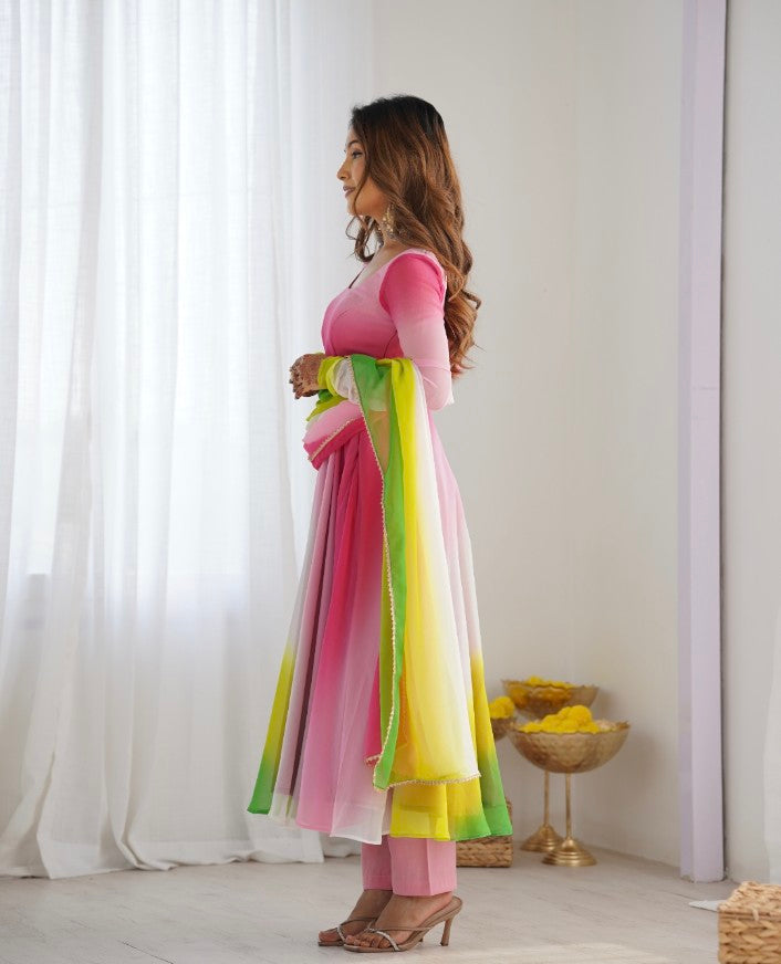 Spectacular Shaded Digital Printed Faux Georgette Anarkali Pant Suit
