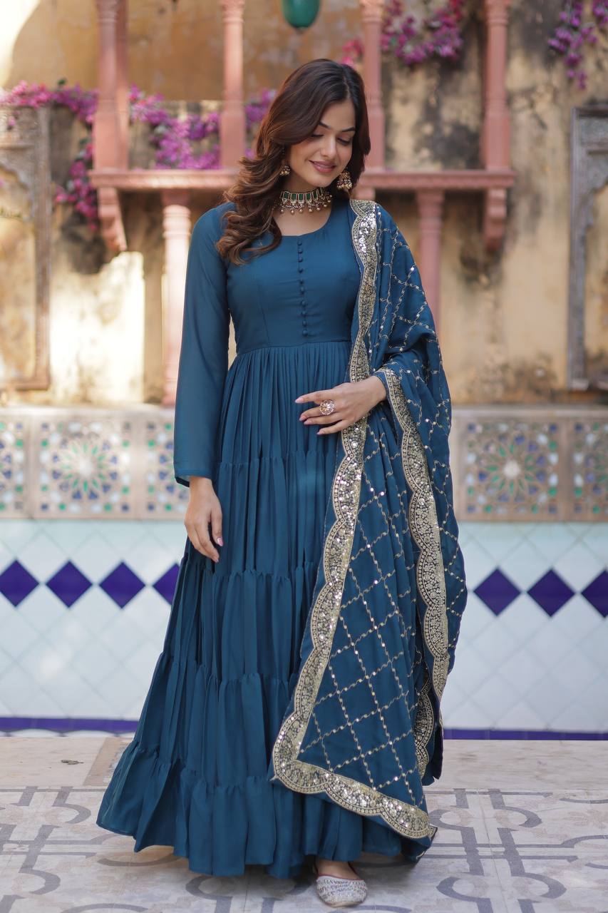 Sttuning 15 Mtr Flared Georgette Stitched Designer Ruffle Gown