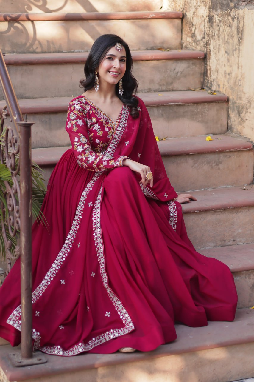 Magnificent Faux Georgette Zari Sequins Embroidered Gown With Dupatta