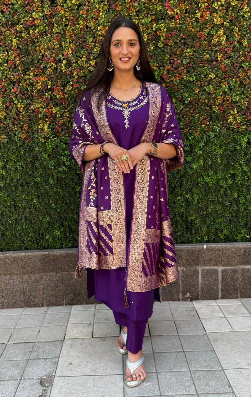 Radiant Purple Roman Silk Handworked Kurta Pant Dupatta Set