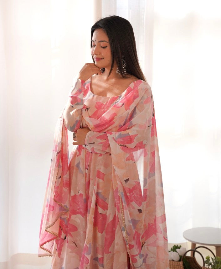 Bewitching Faux Georgette Printed Designer Anarkali Pant Suit