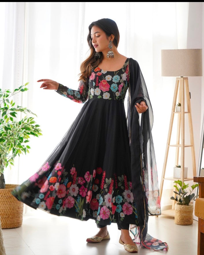Breathtaking Organza Silk Floral Printed Designer Anarkali Pant Suit
