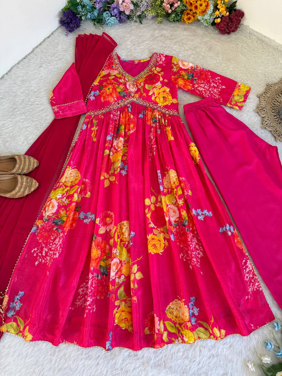 Graceful Pink Floral Printed Handworked Anarkali Pant Suit