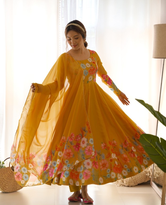 Breathtaking Organza Silk Floral Printed Designer Anarkali Pant Suit