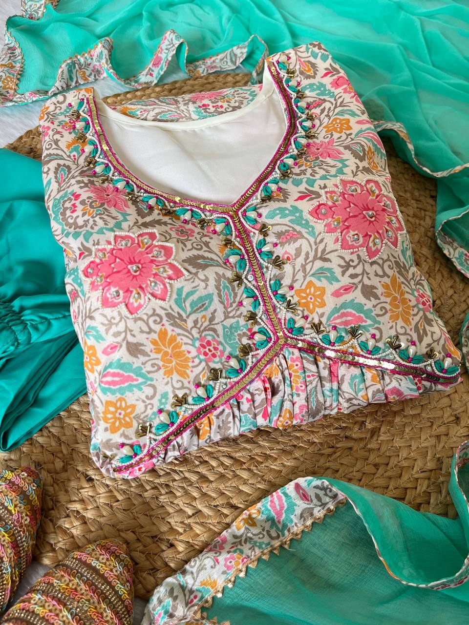 Lovely Soft Chinon Floral Printed Handworked Festival Wear Anarkali Pant Suit