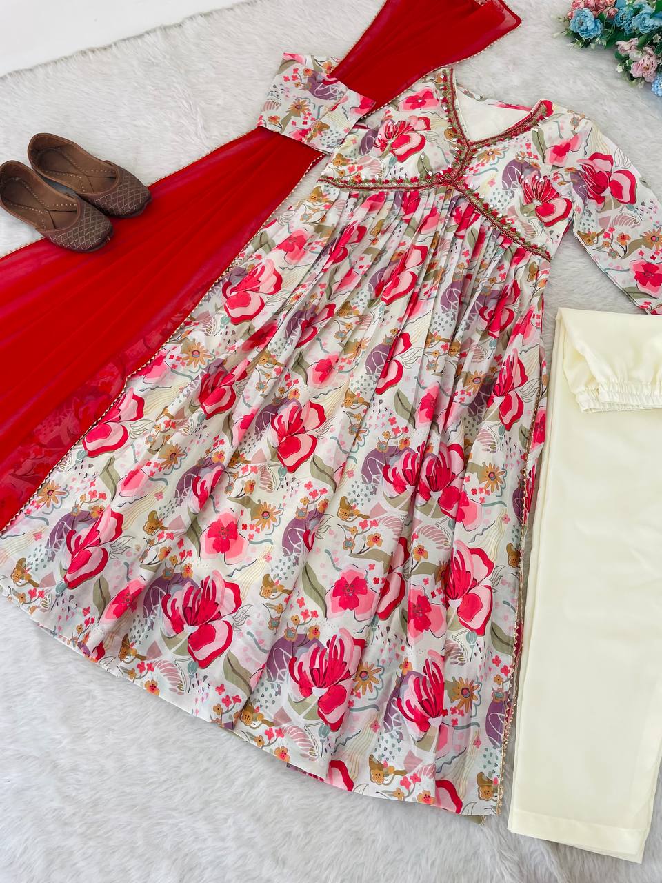 Graceful Soft Chinon Floral Printed Handworked Festive Wear Suit